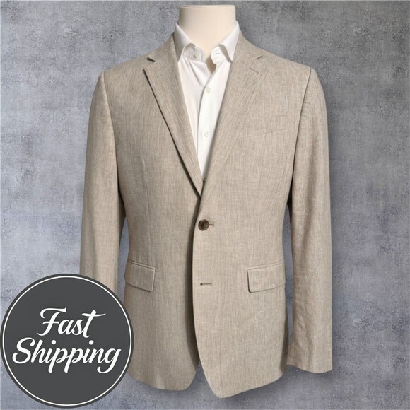 BANANA REPUBLIC Mens Blazer 42R Sport Coat Two Button Jacket Linen/Cotton Tan - Picture 1 of 13
